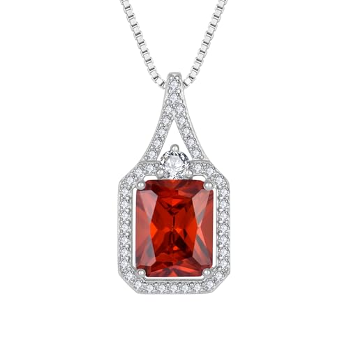 Created Gemstone Necklace 925 Sterling Silver Halo Rectangular Pendant Birthstone Necklaces Jewelry Gifts for Women - color: 01 January - Garnet