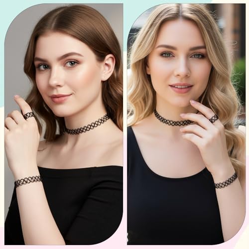 9 Pcs Tattoo Choker Necklace Bracelet Ring Set Tattoo Stretch Collection Gothic Choker Necklaces Y2K Fashion Vintage Elastic Neck Lace Stretchy Tattoos Effect Accessories for Women