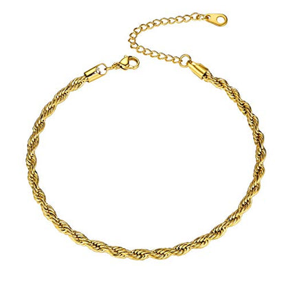Adjustbale Link Chain Anklet for Women Summer Jewelry, 316L Stainless Steel Figaro/Wheat/Twist Rope/Cuban Foot Bracelet-Waterproof, Resizable 9"-12" (Gift Box Included) - color: 1, Rope - Gold