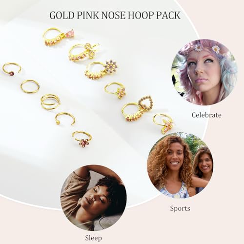 BSJ4U Hoop Nose Rings for Women Nose Piercings 20G Stainless Steel Nose Rings Hoops Heart Butterfly Flower Bow Teardrop Double Nose Hoops Gold Plated Silver Pink Clear CZ Nose Piercing Jewelry - color: Gold Plated Pink Nose Rings