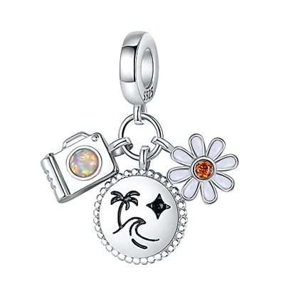 Pandach 925 Sterling Silver Charms Beads for Bracelets and Necklaces Butterfly and Headphones Pendants Clover Charms Jewelry Gift for Women - style: Travel Camera Flowers Charm