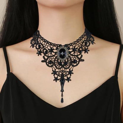 Gothic Victorian Style Vampire Choker Necklace for Women Black Crystal Tassel Lace Collar Necklace Halloween Punk Black Sexy Lace Necklace Halloween Cavewoman Costume - style: Long Teardrop Tassel