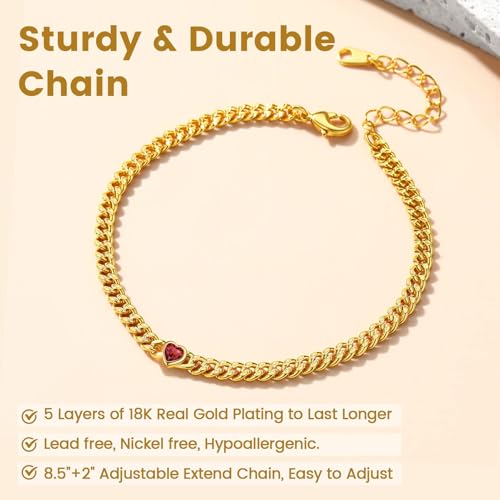 KeyStyle GoldChic Gold Round Heart Ankle Bracelet with Birthstone For Women, 12 Months Sparkling Crystal Anklet Anniversary Jewelry for Her, Birthday Chains for Mother