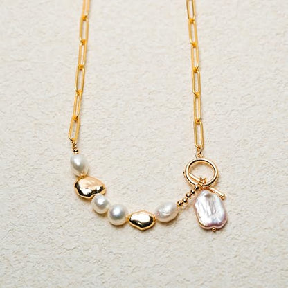Gold Cuban Chain Necklace Baroque Pearl Necklace 14K Gold Plated Freshwater Pearl Pendant Necklace Daily Jewelly for Women