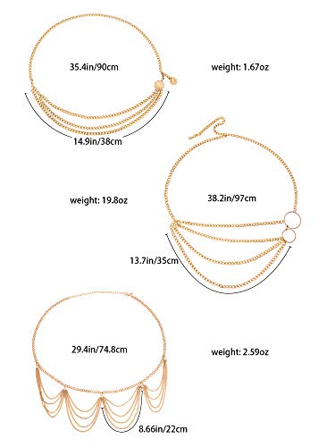 Hicarer 3 Pcs Waist Chain for Body Multi Layer Chain Belts for Women Girls Summer Beach Jewelry Halloween Adjustable - color: Gold, style: Classic Style