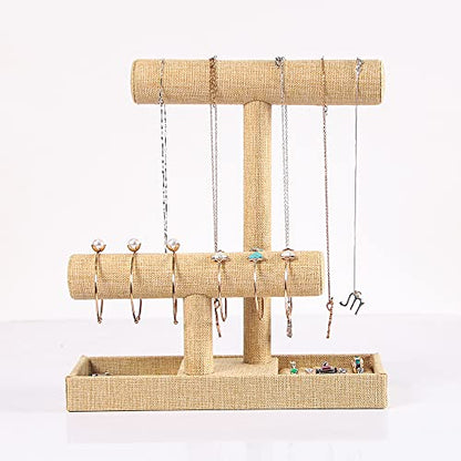 Coward 2 Tier Necklace Bracelet Holder Organizer With ring Tray, Linen Jewelry Display Stand for Watch Scrunchie Lipstick, Perfumes,Nail polish (Yellow Linen) - color: Yellow