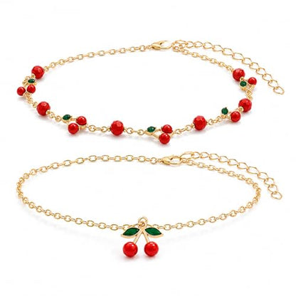 Ankle Bracelets for Women Gold Anklet Set Boho Vacation Gift | Gold anklet set for women 5 styles with matching gift pouch.Boho adjustable non-tarnish jewelry.Perfect present idea. - color: Cherry