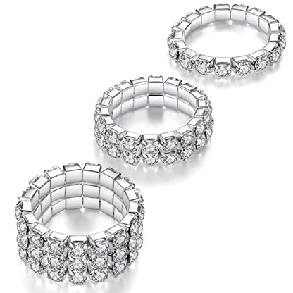 Kucheed 3PCS Rhinestone Stretch Ring, Fashion Crystal Stackable Finger Rings Set, Cute Toe Ring Body Jewelry, Silver Diamond Elastic Band Ring Accessories, Sparkly Thumb Pinky Ring for Women - color: Silver