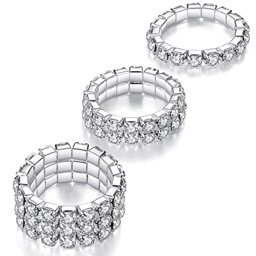 Kucheed 3PCS Rhinestone Stretch Ring, Fashion Crystal Stackable Finger Rings Set, Cute Toe Ring Body Jewelry, Silver Diamond Elastic Band Ring Accessories, Sparkly Thumb Pinky Ring for Women - color: Silver