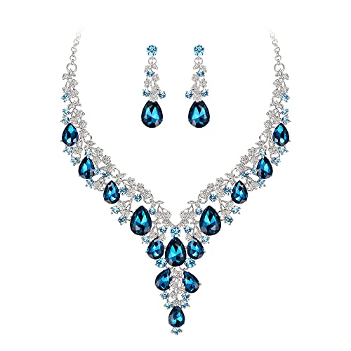 Wedding Bridal Necklace Earrings Jewelry Set for Women | Gorgeous Austrian Crystal Teardrop Flower Cluster for Bridal Bride Bridesmaid - color: 2Pcs-Blue Topaz Silver-Tone