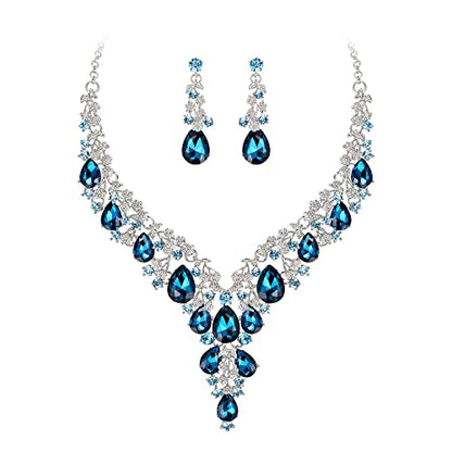 Wedding Bridal Necklace Earrings Jewelry Set for Women | Gorgeous Austrian Crystal Teardrop Flower Cluster for Bridal Bride Bridesmaid - color: 2Pcs-Blue Topaz Silver-Tone