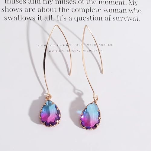 Aquamarine Green Gradient Quartz Teardrop Earrings Gold Plated Transmittance Quartz Drop Dangle Earring For Women Girls Personalized Handmade Jewelry Earrings - color: Blue Gradation Red