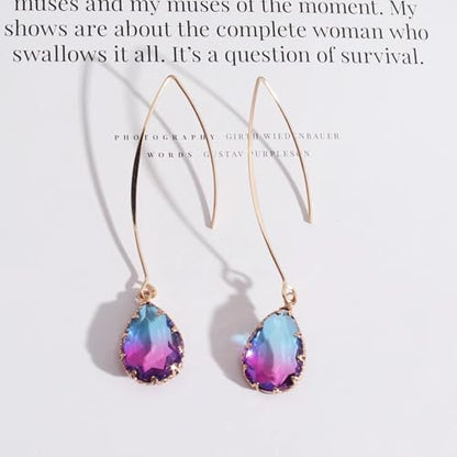 Aquamarine Green Gradient Quartz Teardrop Earrings Gold Plated Transmittance Quartz Drop Dangle Earring For Women Girls Personalized Handmade Jewelry Earrings - color: Blue Gradation Red