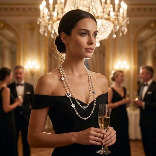 Long Layered Faux Pearl Necklace for Women Floral Sweater Chain | Chic multi-strand accessories decorated with a classic digit 5.