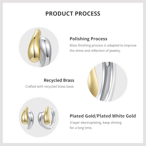 14K Gold Plated Two-Tone Oval Hoop Earrings for Women, Water Drop Design Lightweight Huggie Earrings,925 Sterling Silver Posts Double Drop Chunky Hoops Hypoallergenic Ear Buckles - color: Silver