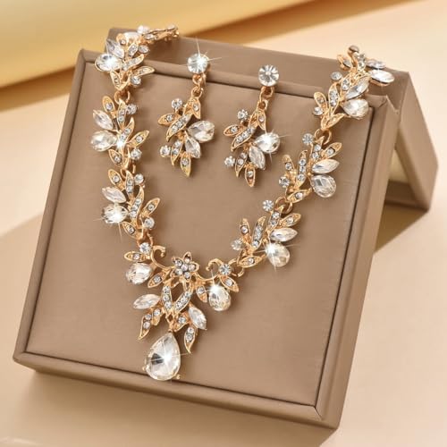 CJIAYUJEW Cubic Zirconia Wedding Jewelry Sets for Bride Bridesmaid Cluster Crystal Teardrop Pendants Jewelry Set Necklace Earring for Brides Bridesmaid for Wedding Party - color: White