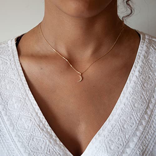 HANLI 14K Gold Plated Necklaces for Women - Dainty Butterfly, Star of David, Moon and Star, Sun, Lotus, Infinity, Hummingbird, Bee,Boots,Chill,Sunflower Pendant Designs - Elegant Jewelry for Women - color: Moon CZ