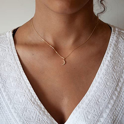 HANLI 14K Gold Plated Necklaces for Women - Dainty Butterfly, Star of David, Moon and Star, Sun, Lotus, Infinity, Hummingbird, Bee,Boots,Chill,Sunflower Pendant Designs - Elegant Jewelry for Women - color: Moon CZ