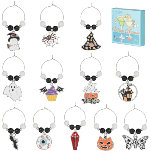 SUNNYCLUE 12Pcs Halloween Wine Glass Markers - Silver Drink Identifiers for Gathering, Holiday Gifts & Party Favors - style: 12 Sets Silver Tone Halloween Drink Identifiers & Upgraded Gift Box