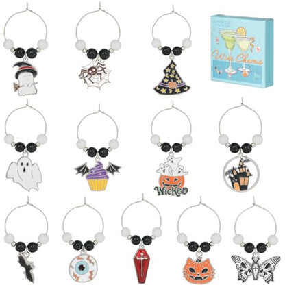 SUNNYCLUE 12Pcs Halloween Wine Glass Markers - Silver Drink Identifiers for Gathering, Holiday Gifts & Party Favors - style: 12 Sets Silver Tone Halloween Drink Identifiers & Upgraded Gift Box