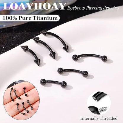 6PCS 16G G23 Titanium Eyebrow Piercing Jewelry for Women Curved Barbell Tiny Eyebrow Ring Vertical Labret Belly Lip Tongue Ring Internally Threaded Rook Tragus Daith Earring 6/8/10mm - color: Black A