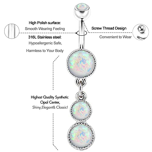 Cute Dangly Opal Belly Button Rings 14g 316L Stainless Steel Dangle Navel Rings for Women Belly Button Piercing Dangling Navel Bar - color: White Opal