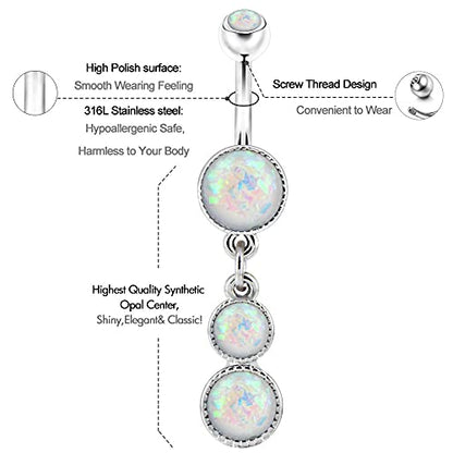 Cute Dangly Opal Belly Button Rings 14g 316L Stainless Steel Dangle Navel Rings for Women Belly Button Piercing Dangling Navel Bar - color: White Opal