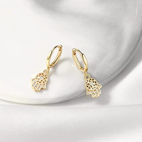 DAILY VIBES Cute Gold Mini Dangle Huggie Hoop Earrings for Women Trendy | 14K Gold Plated, Dainty Cubic Zirconia, Small Hoop Earrings with Charm Drop, Jewelry Gift for Women Ladies - color: Hamsa CZ