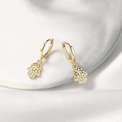DAILY VIBES Cute Gold Mini Dangle Huggie Hoop Earrings for Women Trendy | 14K Gold Plated, Dainty Cubic Zirconia, Small Hoop Earrings with Charm Drop, Jewelry Gift for Women Ladies - color: Hamsa CZ