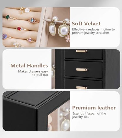 Homde Large Jewelry Box/Organizer/Case with Glass Window, Drawers for Necklaces Earrings Rings Bracelets Watches Gift for Women Girls - color: Black