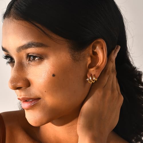 Gold Triple Hoop Illusion Stud Earrings, 14K Chunky Gold Plated Hoop Earrings Cuff Earrings for Women Trendy, Hypoallergenic Earrings Set Jewelry Gift - color: Triple hoop earrings-drop