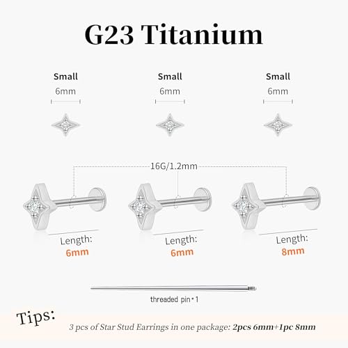 Flat Back Stud Cartilage Earrings Tragus Helix Piercing Jewelry Titanium | Conch Nose Piercing,Small Tiny Studs for Women,Threadless/Internally Threaded,Surgical Steel,Hypoallergenic,16G/18G/20G - color: Silver01-Star (6mm*2+8mm*1), size: Internally Threa