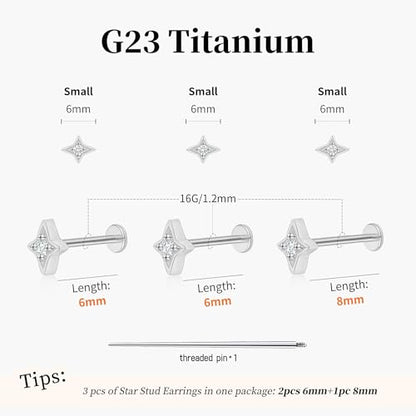 Flat Back Stud Cartilage Earrings Tragus Helix Piercing Jewelry Titanium | Conch Nose Piercing,Small Tiny Studs for Women,Threadless/Internally Threaded,Surgical Steel,Hypoallergenic,16G/18G/20G - color: Silver01-Star (6mm*2+8mm*1), size: Internally Threa