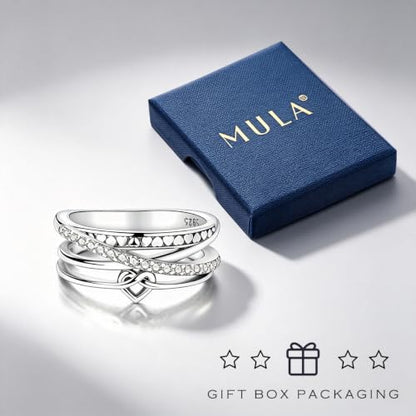 MULA S925 Sterling Silver Ring Multi-layered Interlaced Heart-shaped Band | Eternity Ring for Women with CZ Cubic Zirconia Wide Finger Rings Costume Jewelry