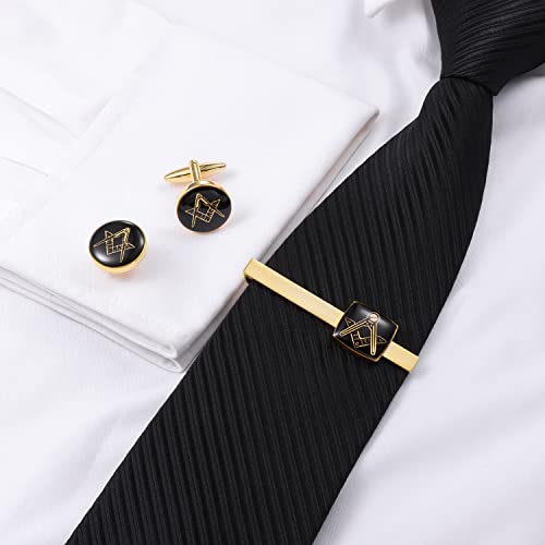 HAWSON Metal Cufflinks and Tie Clip Set for Men Novelty Cuff Links and Tie Bar Gifts for Wedding Level,Football, Musical Symbols Designs - color: Gold Masonic set