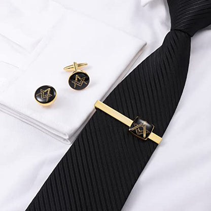 HAWSON Metal Cufflinks and Tie Clip Set for Men Novelty Cuff Links and Tie Bar Gifts for Wedding Level,Football, Musical Symbols Designs - color: Gold Masonic set