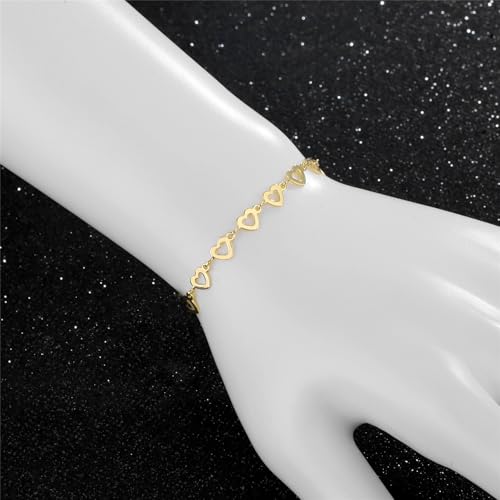 14K White Gold Plated Link Bracelet for Women Heart Star Round Beaded Charms Dainty Chain Simple Jewelry Gifts - color: hollow heart-gold