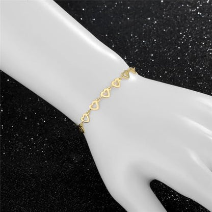 14K White Gold Plated Link Bracelet for Women Heart Star Round Beaded Charms Dainty Chain Simple Jewelry Gifts - color: hollow heart-gold