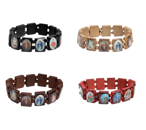 2/4 Pcs Wooden Jesus Virgin Mary Bracelet Saints Rosary Stretch Adjustable Wooden Small Panel Bracelet Religious Saints Jesus Gift for Women Men - color: 4 pcs