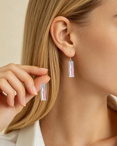 Silver Dangle Earrings for Women Shaped Rectangle Wide Bar Enamel Earrings Colorful Geometric Drop for Daily - color: Pink