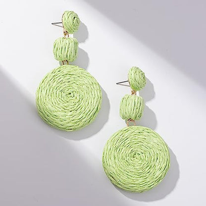 Statement Raffia Boho Round Dangle Ball Earrings - Cute Handmade Summer Bohemian Dangling Jewelry for Women - color: Lime Green