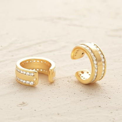 Women Ear Cuff Earring Gold Non Pierced Ear Cartilage Clip on Wrap Hoop 14K Gold Filled Tiny Boho Beach Simple Minimalist Delicate Handmade Hypoallergenic Jewelry Gift-Sold as Single/Pair - style: Band 2 Row CZ /Pair