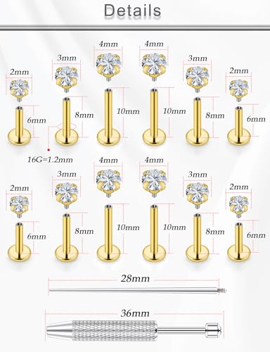 18G 16G 14G Lip Labret Medusa Nose Rings Studs Flat Back Earrings Internally Threaded 316L Surgical Steel Cartilage Tragus Helix Conch Earrings Piercing Jewelry for Women Men 6mm 8mm 10mm - color: 16G - Gold-6/8/10mm Bars-Grabber Tool