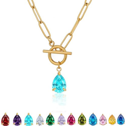 Teardrop CZ Pendant Paperclip Chain Necklace 18K Plated Paperclip Toggle Necklace Jewelry Birthstone Gift for Women - color: Aquamarine-March