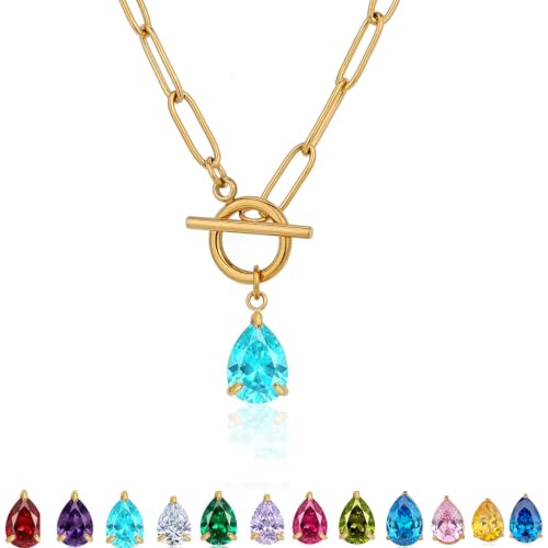 Teardrop CZ Pendant Paperclip Chain Necklace 18K Plated Paperclip Toggle Necklace Jewelry Birthstone Gift for Women - color: Aquamarine-March