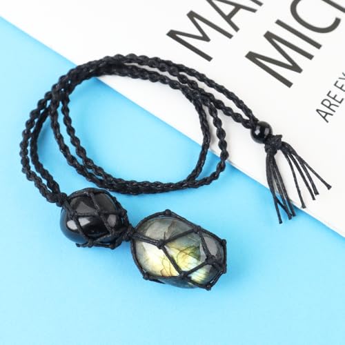 Anjiucc Handmade Crystal Cage Holder with Raw Gemstone Pendant Necklace Natural Stone Healing Crystal Necklace Adjustable Length - color: Labradorite+Black Obsidian