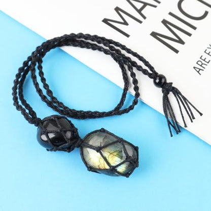 Anjiucc Handmade Crystal Cage Holder with Raw Gemstone Pendant Necklace Natural Stone Healing Crystal Necklace Adjustable Length - color: Labradorite+Black Obsidian