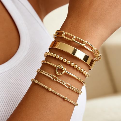 Gold Bracelets for Women, 5 Pcs Non-Tarnish Gold Plated Stackable Bangles with Beaded, Knot, Twisted, Cuff & Chain Designs, Everyday Jewelry Gifts - color: Gold-6pcs