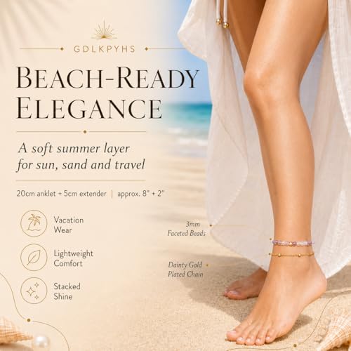 2Pcs Beaded Anklets for Women, Natural Stone Bead Ankle Bracelets with 14K Gold Plated Chain, Waterproof Adjustable Layered Anklet Set, Boho Beach Summer Jewelry Gift - color: Amethyst