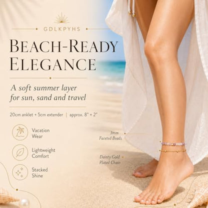 2Pcs Beaded Anklets for Women, Natural Stone Bead Ankle Bracelets with 14K Gold Plated Chain, Waterproof Adjustable Layered Anklet Set, Boho Beach Summer Jewelry Gift - color: Amethyst